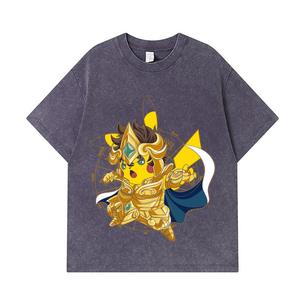 275 GSM Washed T-shirts 100% Cotton Pokemon V25 Pikachu Leo Print Unisex Heavy Cotton T Shirt