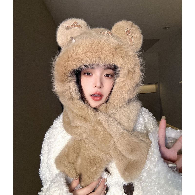 2025 New Winter Scarf Integrated Two-piece Set Cute Bow Plush Bear Ears Hat Women's Versatile