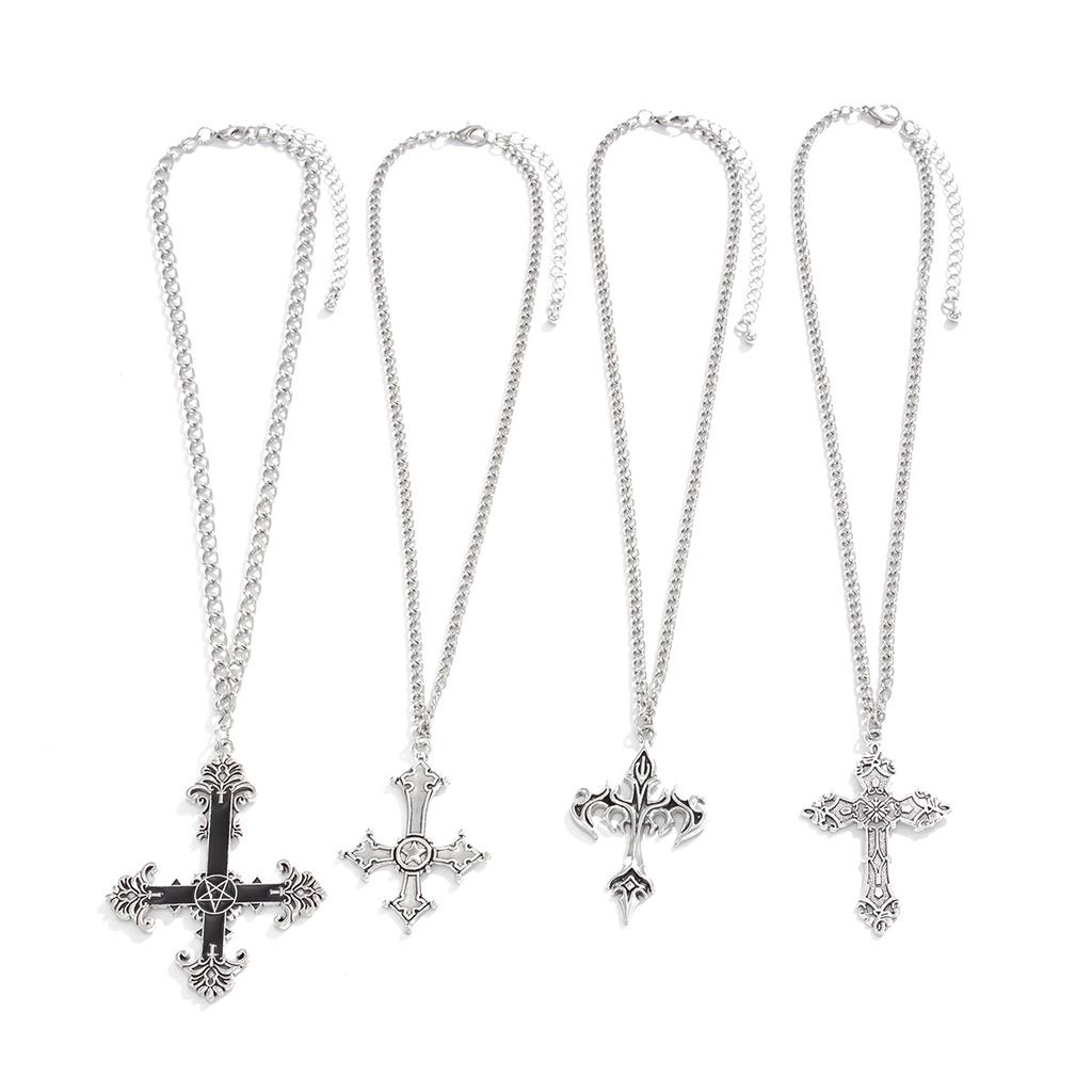 Gotycki naszyjnik z wisiorkiem w kształcie diamentowego krzyża Diablo, Modny zestaw naszyjników z metalowym łańcuszkiem