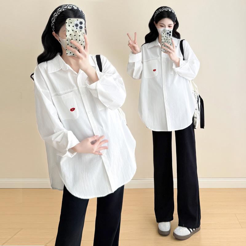 2025 Spring/Autumn Korean Style Cotton Casual Maternity Shirt - Trendy Plus Size Mid-Length for Moms