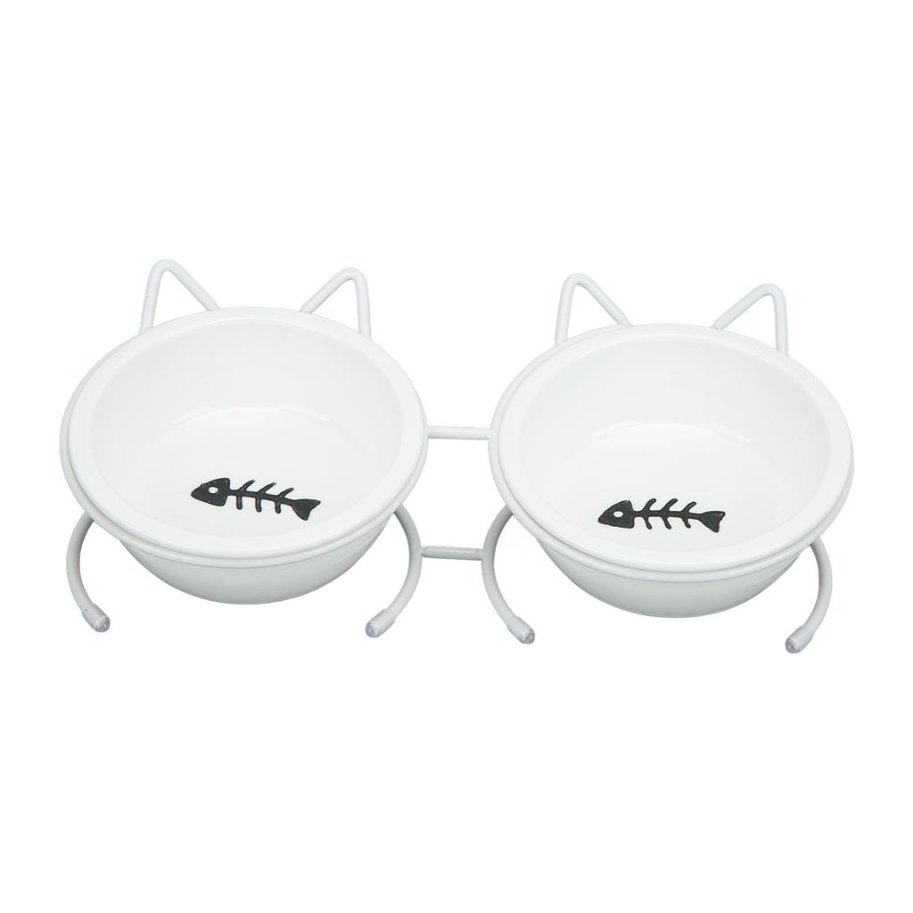 Pet Double Ceramic Bowl Double Ceramic Raised Cat Bowls with Metal Stand and Cover for Food and