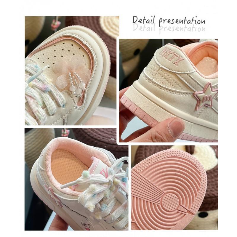 Girls Chunky Sneakers With Floral Print PU Leather Casual Shoes Kids Ages 4-12 Rubber Sole