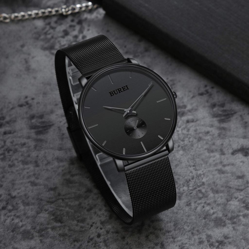 BUREI Men's Black Watch, Simple, Stylish, Popular, Men's Black Watch with Leather Strap (AMJP-7, Stainless Steel)