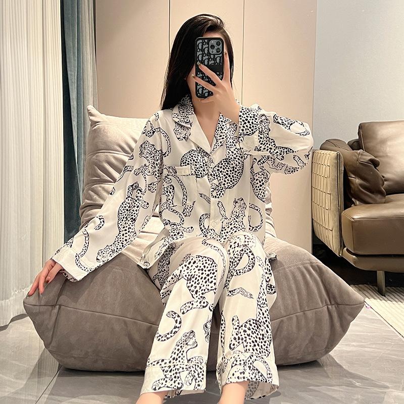 

Весенние и осенние атласные пижамы с принтом на лацканах, женские брюки с длинными рукавами, домашняя одежда, свободная повседневная пижама из 2 предметов XL