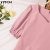 VONDA Summer Women Square V Neck Puff Short Sleeve Soild Color Casual Blouses