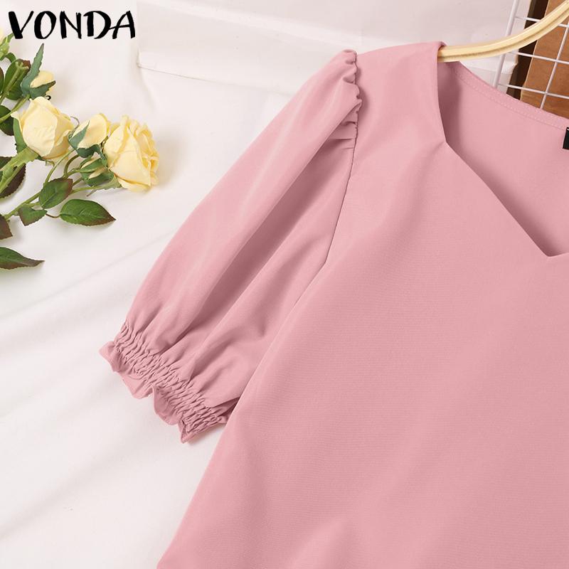 VONDA Summer Women Square V Neck Puff Short Sleeve Soild Color Casual Blouses