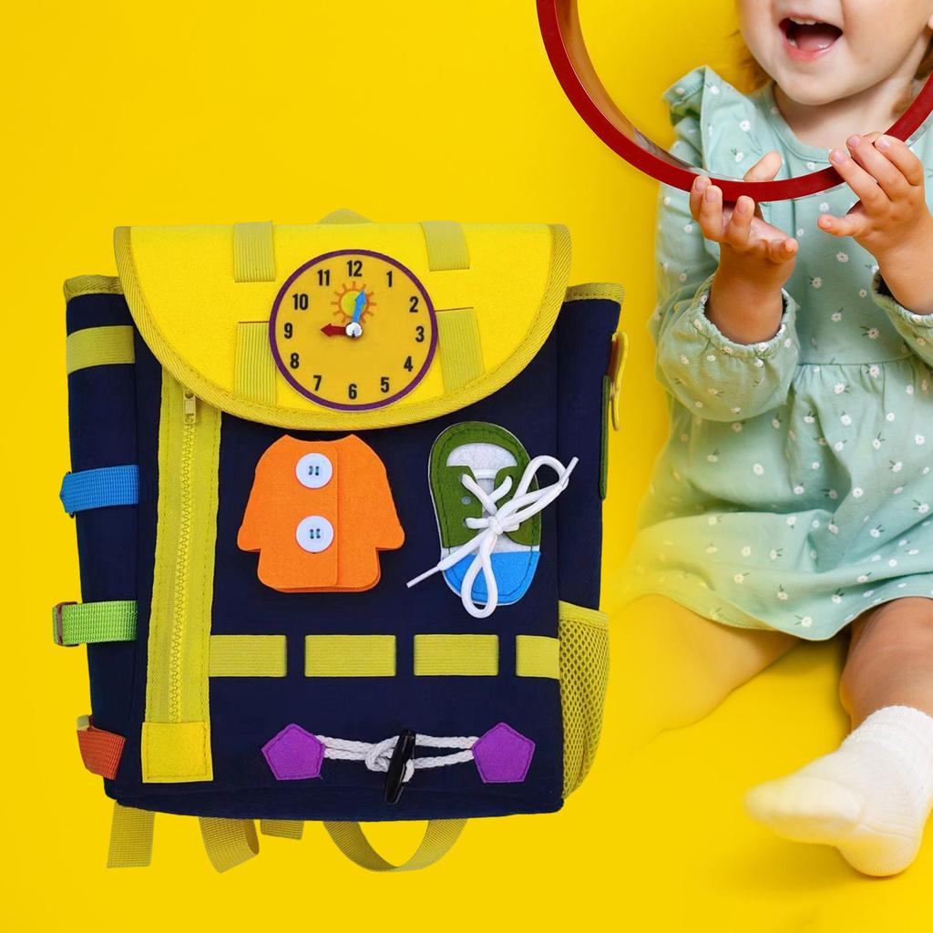 Toddler Backpack Busy Board Montessori Toy, Zip Button Lace Clock Activity Sensory Toy for Kids 1-4 Years Old, Educationa