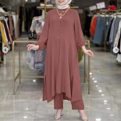 New Arrival: Middle East Women's Solid Color Elastic Sleeve Set with Slit Mushroom Button