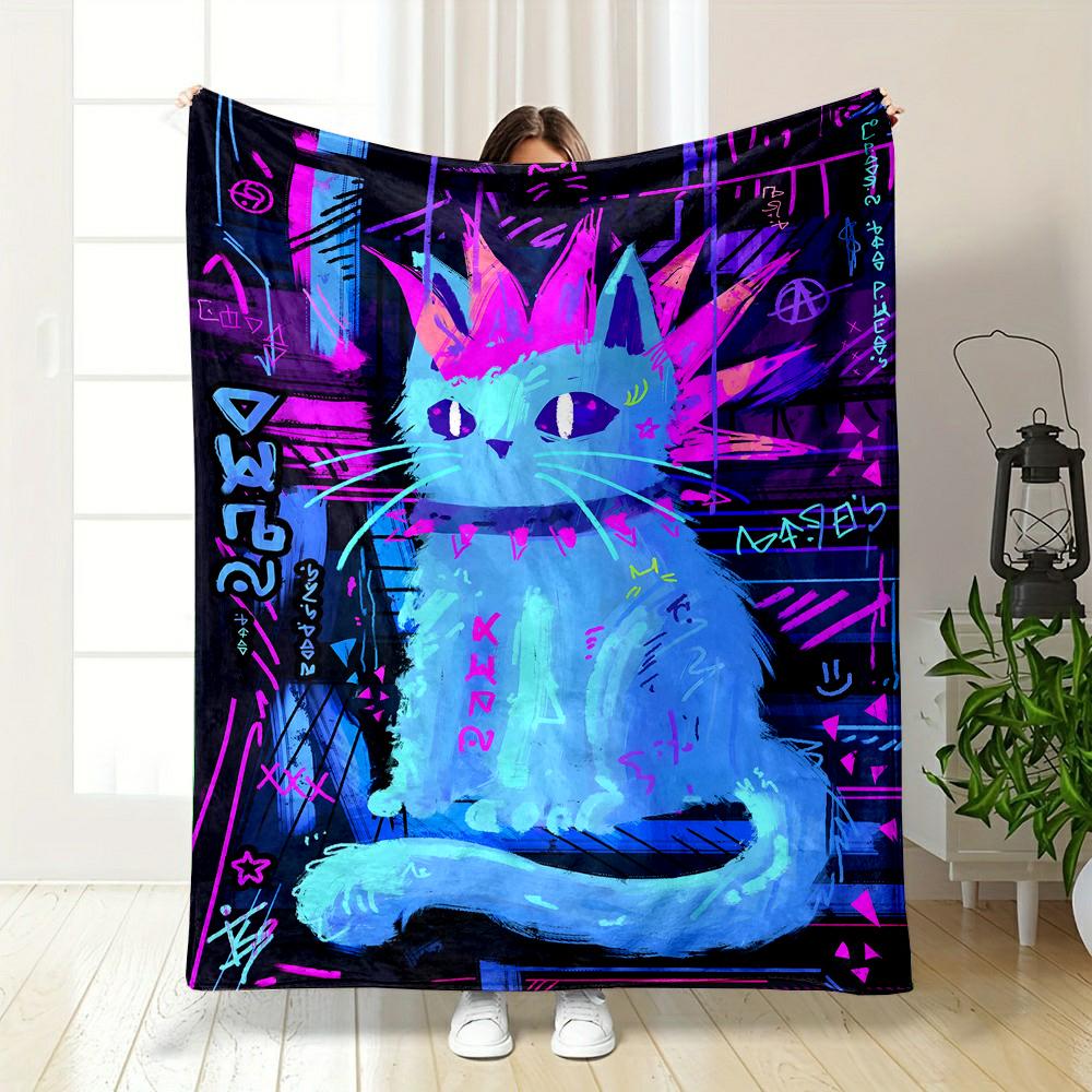 Neon Punk Cat with Graffiti Style Patterned Flannel Blanket Perfect for the Bedroom Living Room, Sofa, or a Little Nap