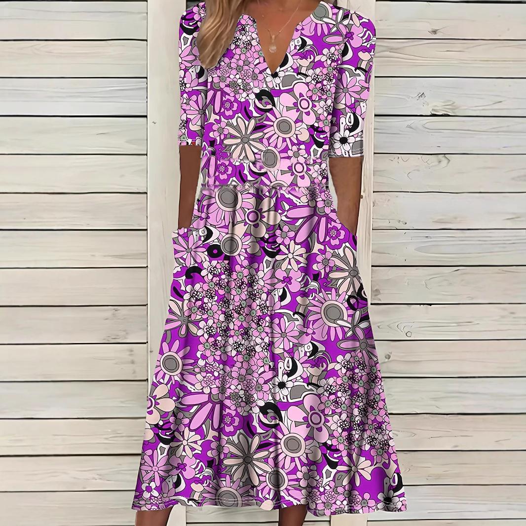 

Women s Five-quarter Sleeve V-neck Loose Printed Elegant Midi Dress XXL фіолетовий
