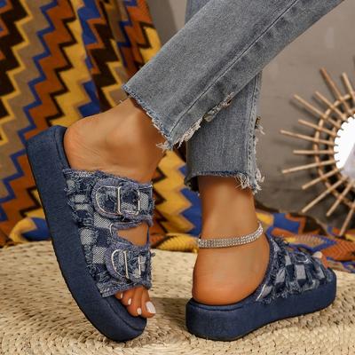 New Denim Double-breasted One-pedal Large-size Cool Slippers for Women's 2025 Summer Wear Casual Thick-soled Slippers