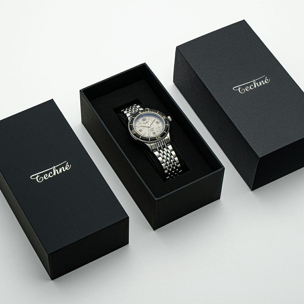 Techne Men's Marine Offshore Solar Watch with Meteorite Black Bezel, 5-Rice Bracelet, and 3 Hands