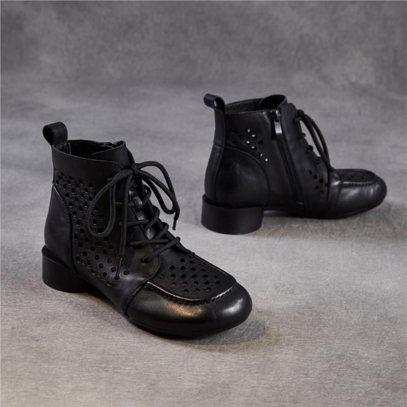 Johnature Жіночі черевики з натуральної шкіри, ретро, на товстому підборі, з вирізами, низький каблук, дихаючі
