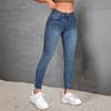 European and American Hot Style Mid-Waist Slimming Skinny Jeans with Distressed Blue Denim Pattern