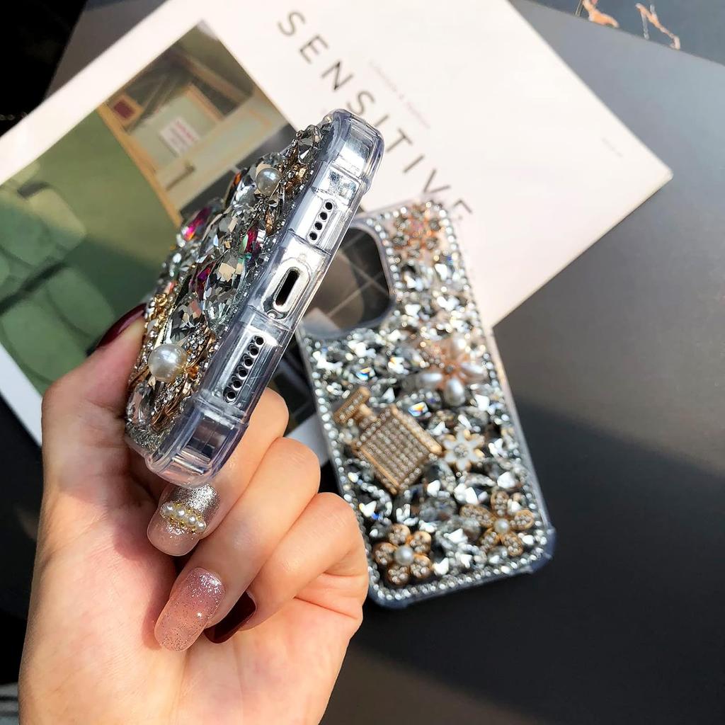 Compatible with iPhone 16 Pro Max Case Cute Bling Glitter 3D Rhinestone Diamond for Women Girls Crystal Girly Handmade Flower Gem Fashion Luxury