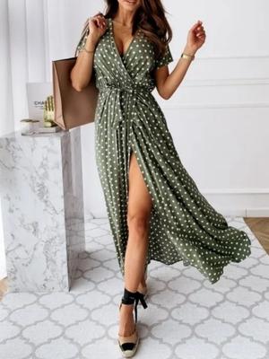 Sommer Damenmode V-Ausschnitt Kleid Gürtel Schlitz Lässiges Locker sitzendes Kleid Vielseitiges Einfarbiges Gepunktetes Kleid