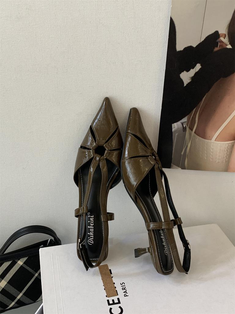 2025 autumn new French one-word buckle pointed head rear empty shallow mouth flat bottom cat heel bag head sandals women's summer