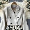 French Temperament Short Section Double-breasted Suit Jacket Female High-end Flocking Mesh Sling Dress Yangqi Two-piece Set