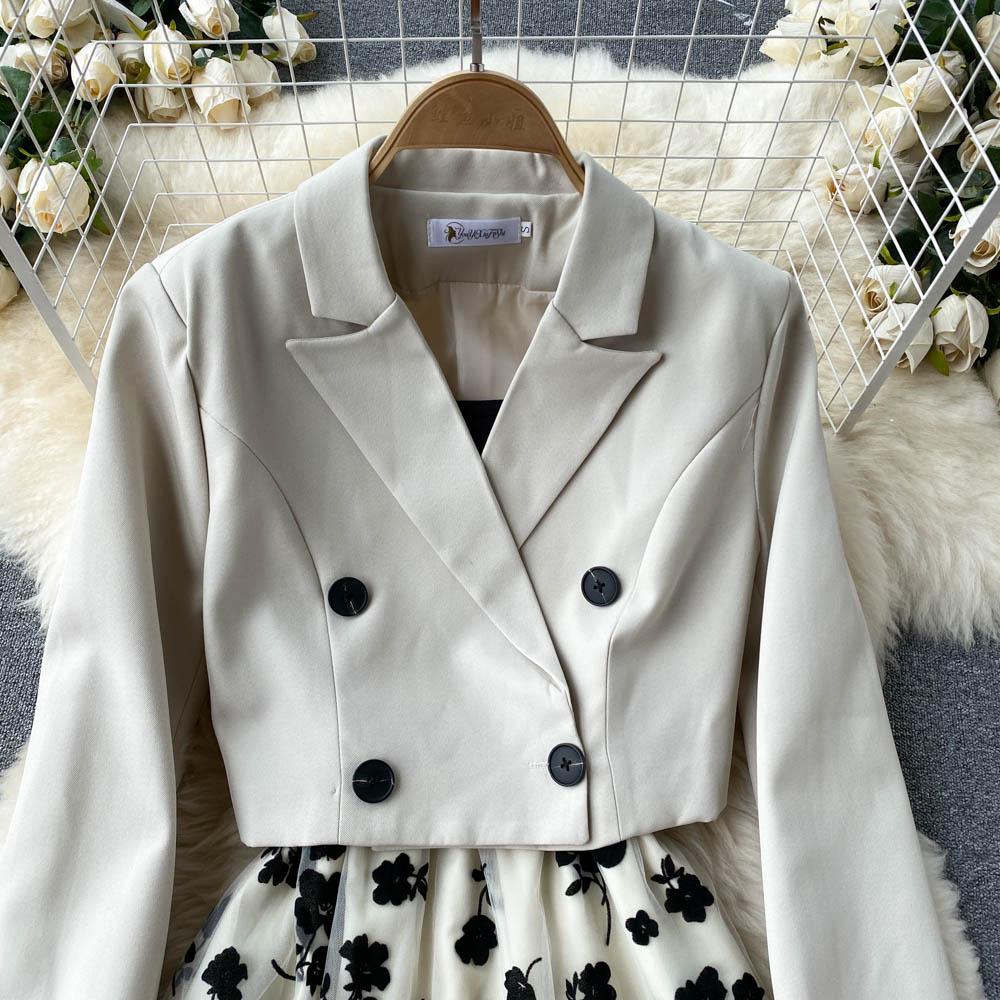 French Temperament Short Section Double-breasted Suit Jacket Female High-end Flocking Mesh Sling Dress Yangqi Two-piece Set