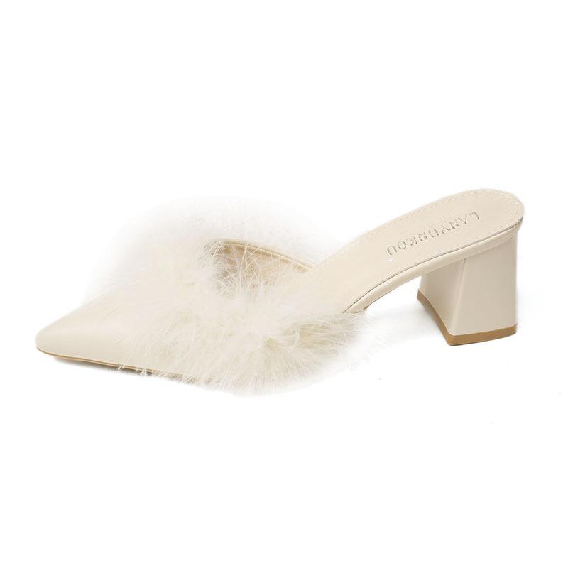 2024 Autumn New Foreign Trade Large Size Fine Heel Cool Slippers One-word Drag Bag Head Wear High Heel Slippers