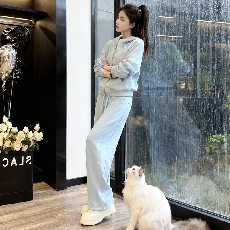 

Women s Trendy Spring 2026 Two-Piece Set: Hooded Sweatshirt & Casual Wide-Leg Pants. Medium