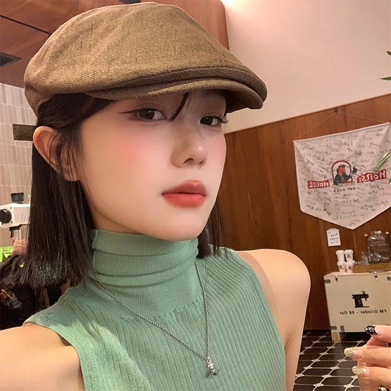 Women Vintage Cotton Linen Beret Hat Solid Color Hip Hop Forward Sunshade Hats Ins Korean Girl Artist Painter Visor Caps