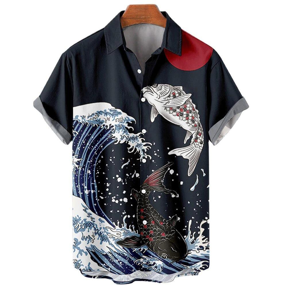 Camicia a Maniche Corte con Stampa Onda Ukiyo-e, Elegante Casual con Bottoni