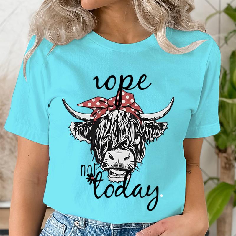 Women Funny T Shirts Cute Hairy Scottish Highland Cow TShirt Round Neck Casual Tops Women Cow Head  Letter Print Short Tshirt