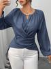 Women's Solid Color Wrap Blouse Round Neck Long Sleeve Ruched Casual Top