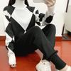 Geomatric feminino camisola conjuntos de ternos outono inverno grosso macio conjuntos de malha pullovers calça longa casual 2 pçs terno de pista