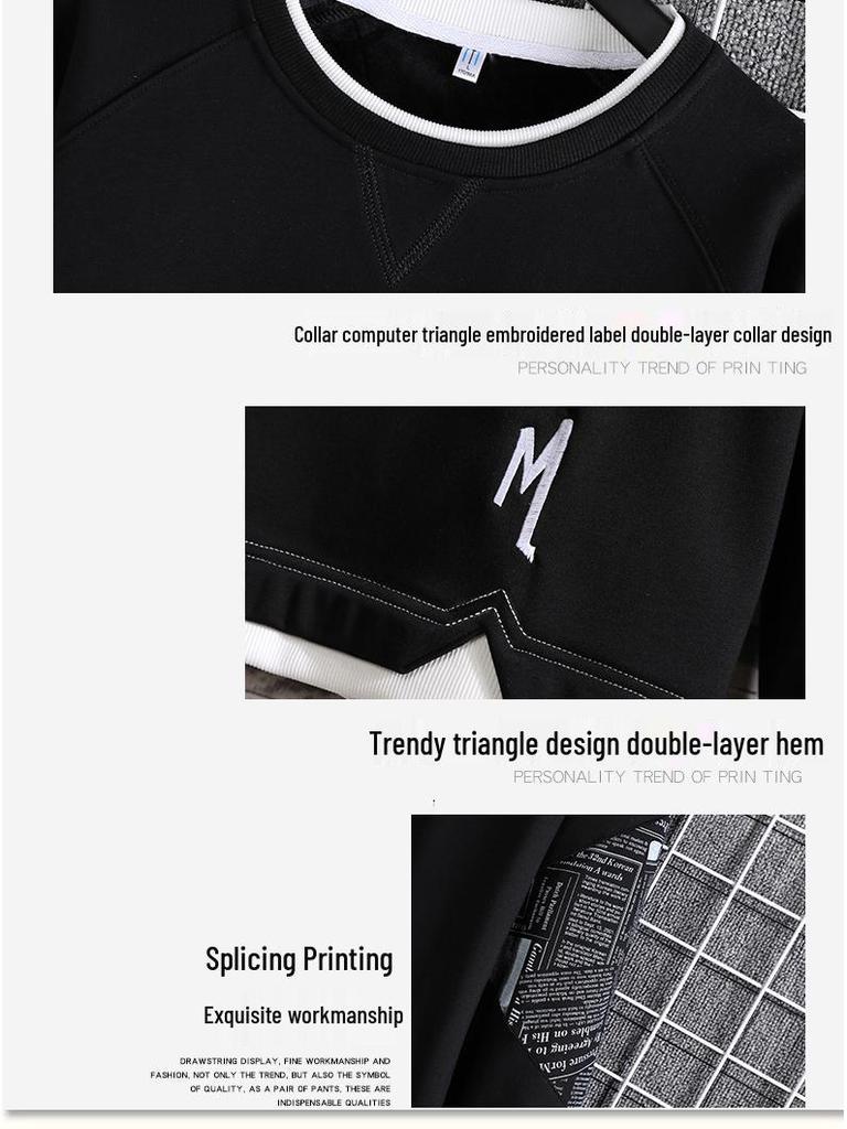 Korean Style Color-Blocked Crew Neck Sweatshirt with Triangle Design