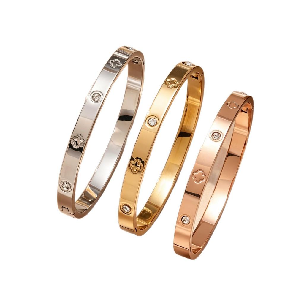Elegant Titanium Steel Four-leaf Clover Diamond Bracelet