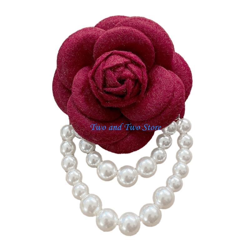 HX6F Vintage Camellia Brooches for Woman Buckle Pin Wedding Hand Flower Pearl Brooch Pin Fashion Clothing Jewelry Accessories
