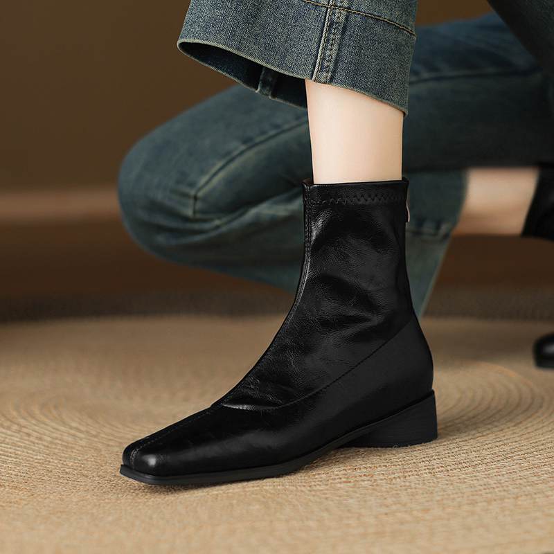 Krazing Pot Microfiber Winter Square Toe Modern Size 33 Boots Size 43 Metal Rivets Med Heels Zipper Women Ankle Boots