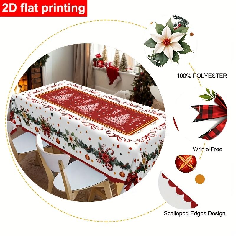 Tablecloth with Embossed Edges , Featuring a Merry Christmas Theme for Parties, Adorned with a Buffalo Check Bow, Poinsettias, Christmas Trees