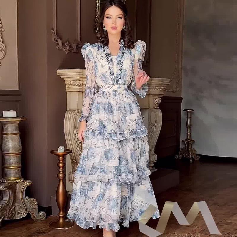 

Летнее женское платье для чаепития в европейском и американском французском стиле 2024 года - Приталенное, Стройнящее, Длинное платье с принтом Extra Small синий