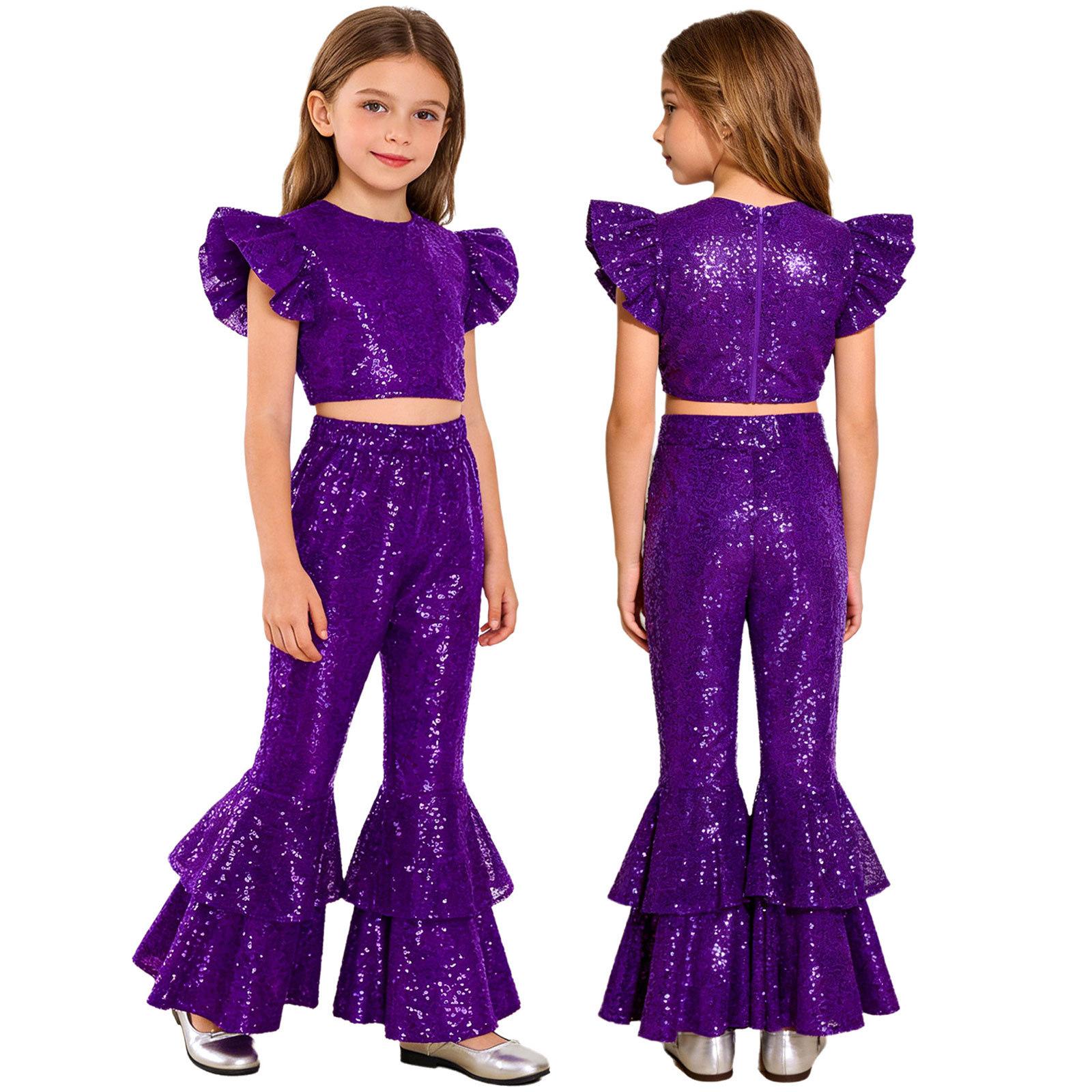 Kinder Mädchen Glitzer Pailletten Crop Top Rundhals Rüschen Flatterärmel mit Stufen-Glockenhose für Weihnachts-Geburtstagsparty 11-12 Years violett