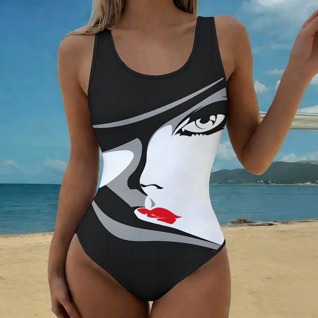 Maillot de bain une pièce sexy d'été avec imprimé floral facial, coupe ajustée, décolleté plongeant en U dans le dos, maillot de bain mode accrocheur pour la plage, la piscine, les vacances