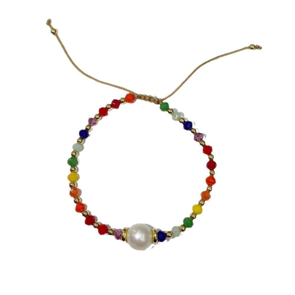 KKBEAD Rainbow Gradient Crystal Bracelet with Freshwater Pearls – Adjustable Spring/Summer Jewelry.