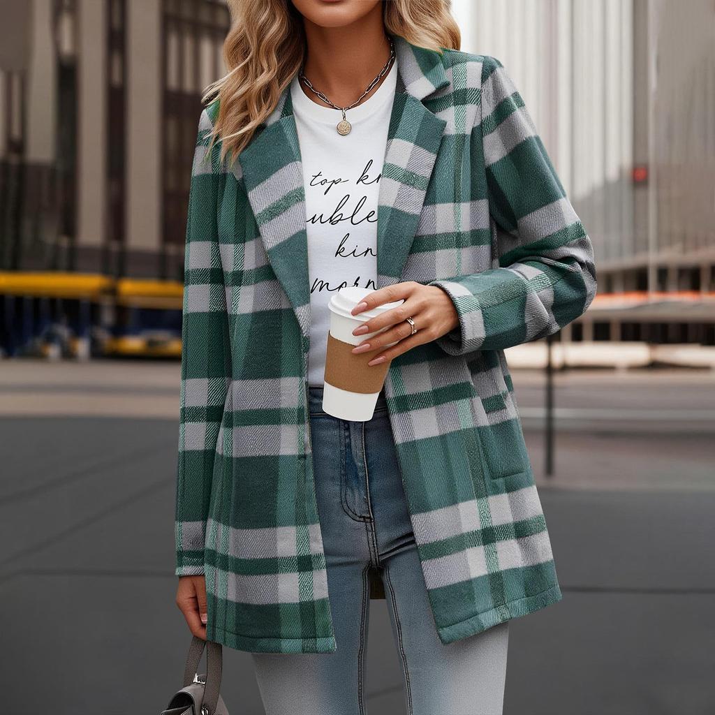 Women's Casual Fashion  Plaid Shirt Medium Woolen Coat