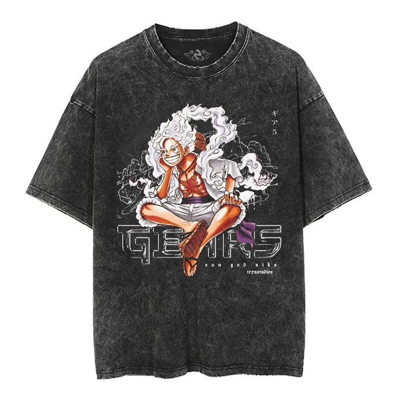 New ONE PIECE Nika Form Luffy Anime High Quality TShirt Men and Women Cotton Vintage Washed Print Retro Streetwear Tops