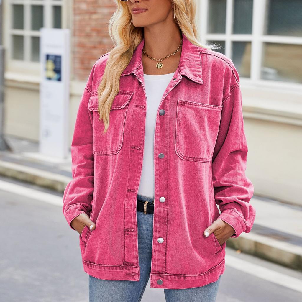 Women's Fashionable Versatile Classic Retro Solid Color Lapel Long Sleeved Pocket Loose Denim Jacket