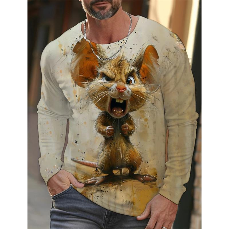 Spring and Autumn Round Neck 3D Printed Funny Animal Pattern Top Fashionable Casual Long Sleeved Men's T-shirts