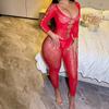 Sexy Hollow Lingerie Red Mesh Pajamas Long Sleeves Backless Tights