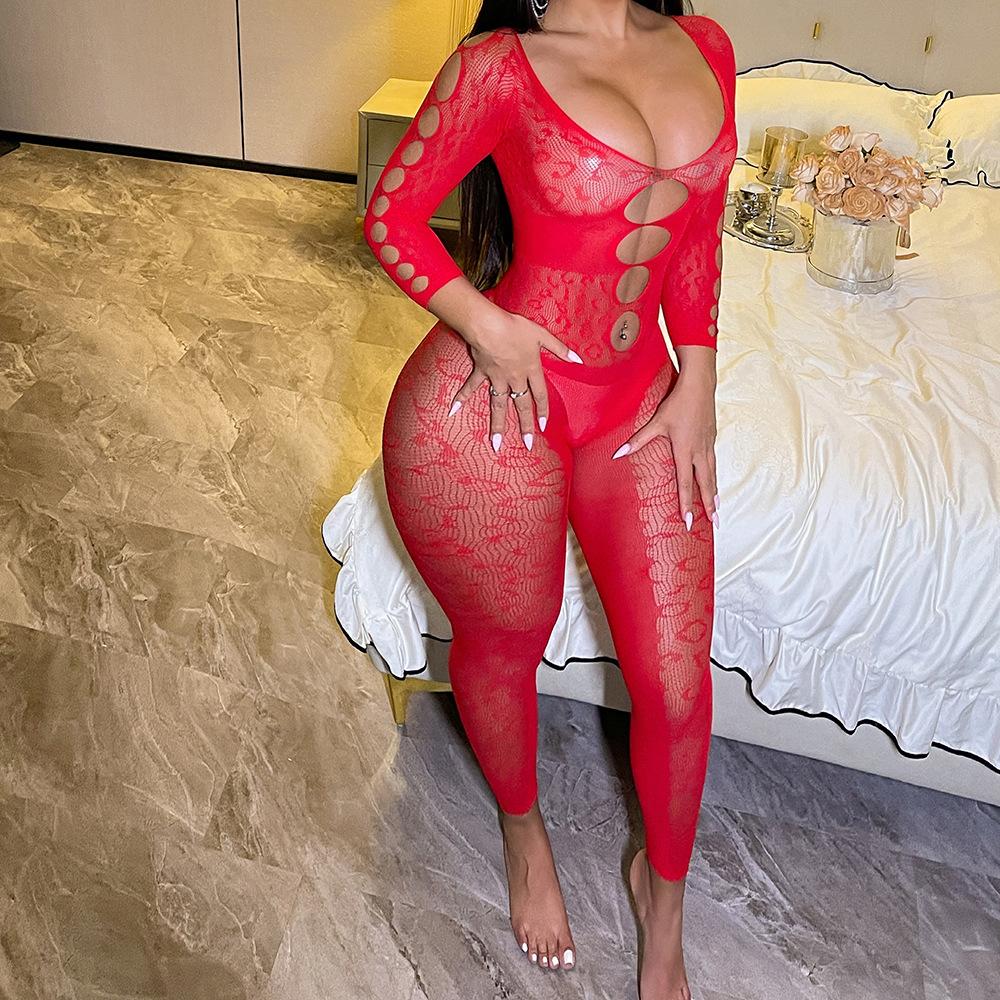 Sexy Hollow Lingerie Red Mesh Pajamas Long Sleeves Backless Tights