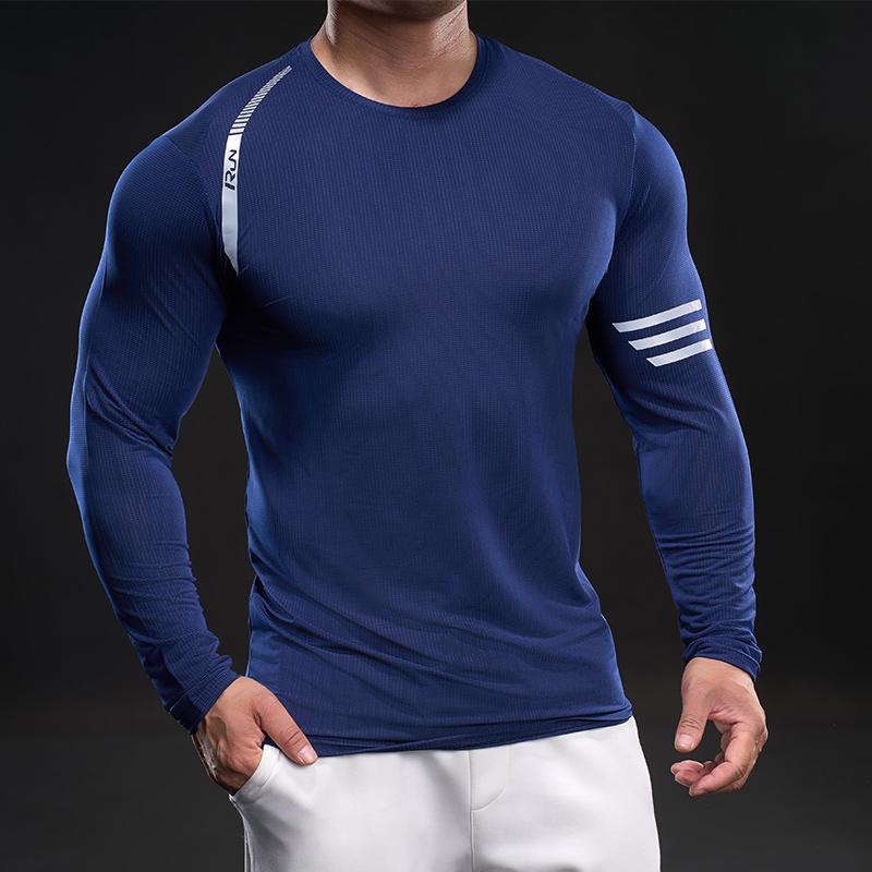 

5803 Властный мышечный стиль Новая футболка с длинным рукавом из ледяного шелка Мужская повседневная спортивная эластичная фитнес-футболка для улицы Топ M чернил синий