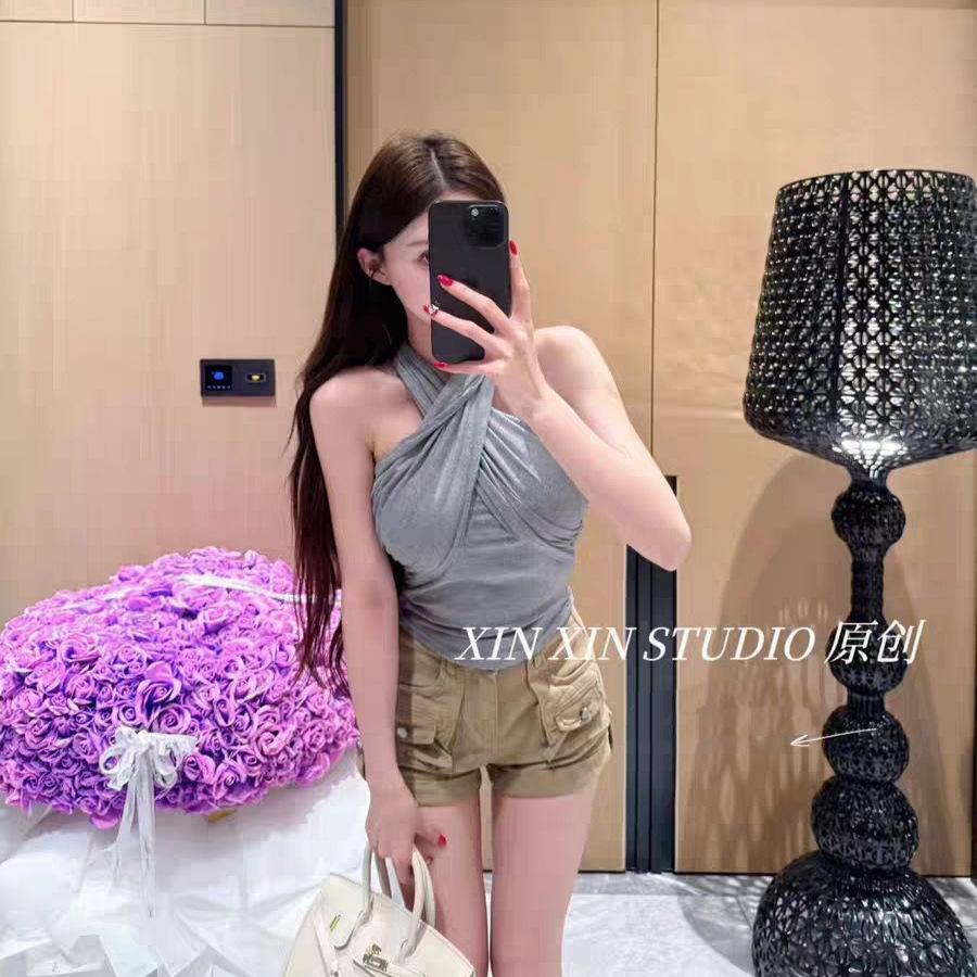 #Summer new pure desire to grind and keep warm cross neck vest slim and thin women's fixed top with chest pad