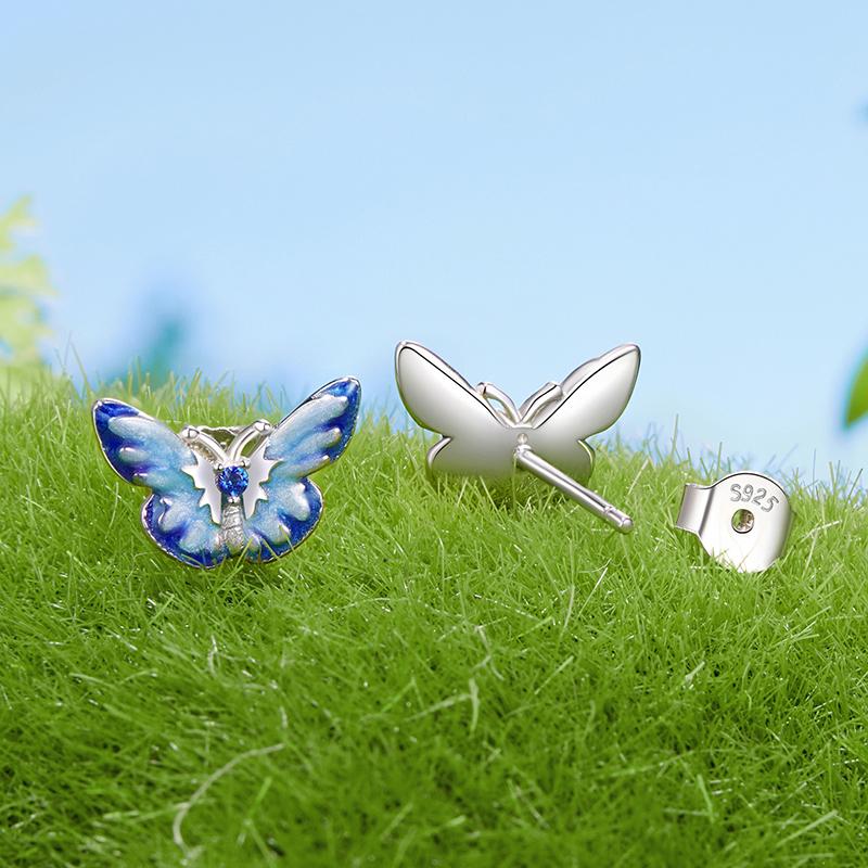 WOSTU 925 Sterling Silver Blue Butterfly Stud Earrings Open Ring For Women Wedding Engagement Fine Jewelry Set Girl Party Gift