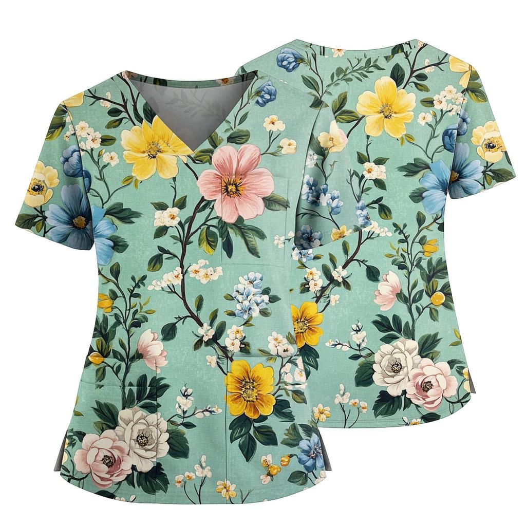 Damen Casual Bedrucktes V-Ausschnitt Taschen Seitennaht Schlitz Kurzarm Top