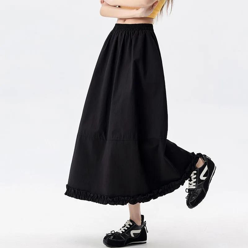 Women Elastic Waist Midi Skirt A Line Ruffle Hem Casual Long Skirt For Summer Daily Wear S чёрный